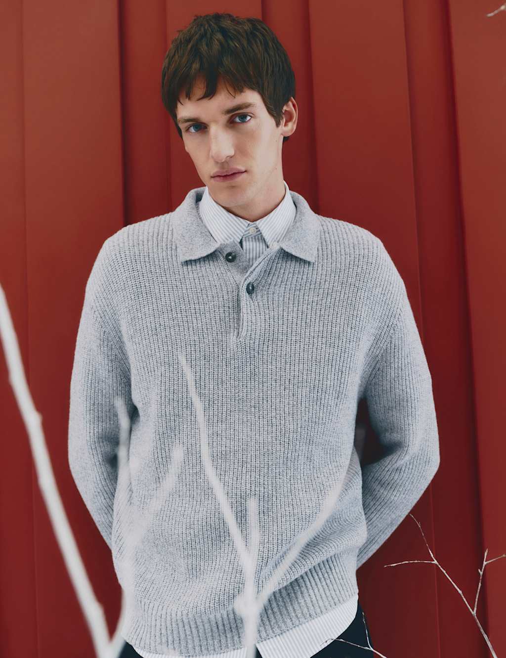 M&S Lambswool Blend Knitted Polo Shirt Grey Mix