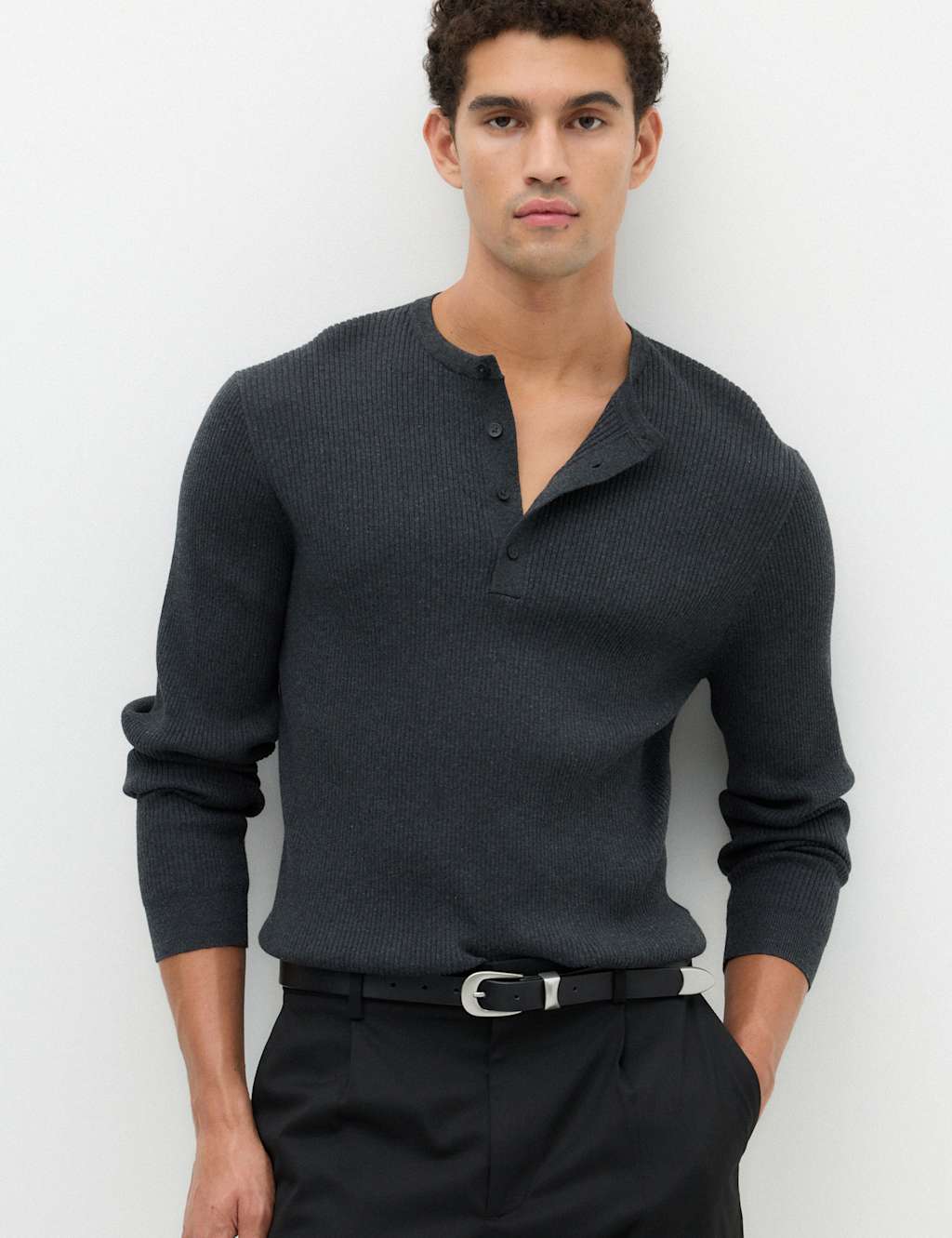M&S Men's Cotton Blend Smart Henley Jumper - S - Charcoal Mix
