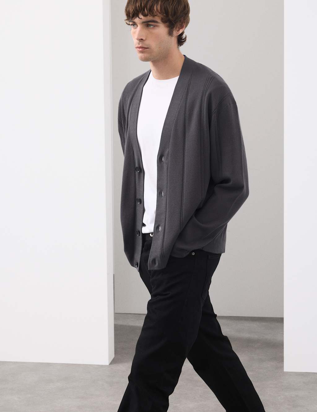 Autograph Relaxed Fit Vertical Stitch Knit Cardigan Granite