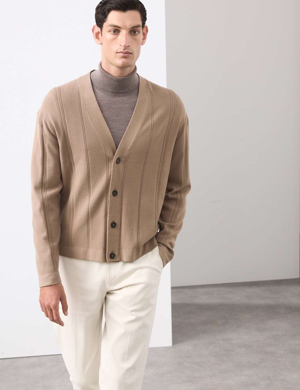 Autograph Relaxed Fit Vertical Stitch Knit Cardigan Cappuccino