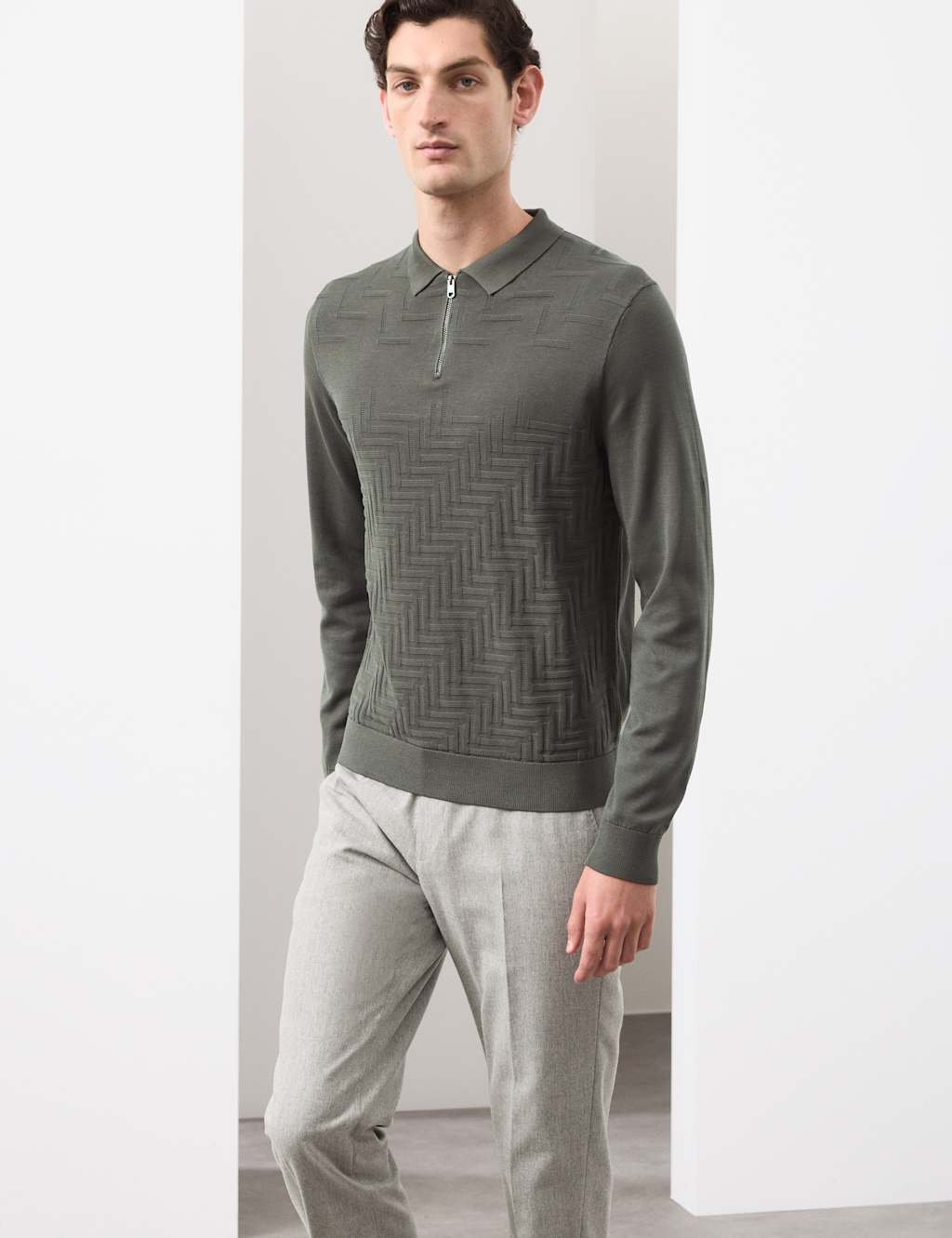 Autograph Men's Mercerised Cotton Geometric Half Zip Polo - L - Khaki