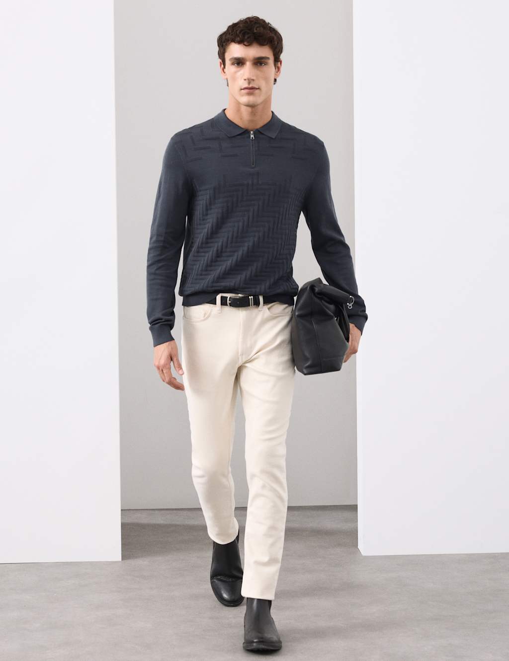 Autograph Mercerised Cotton Geometric Half Zip Polo Dark Ink