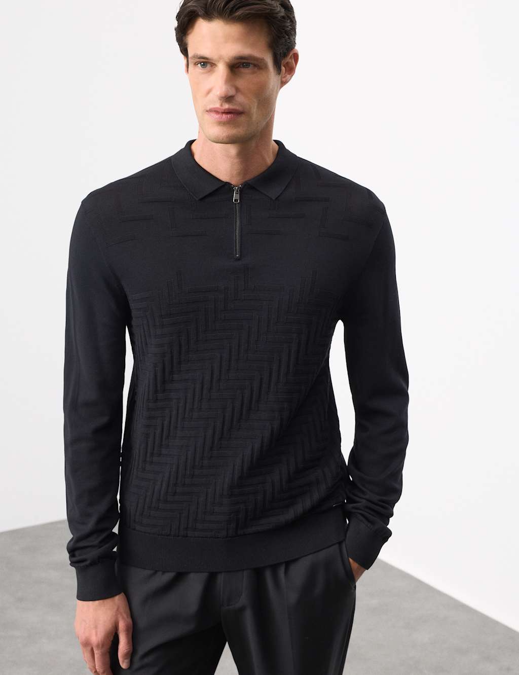 Autograph Mercerised Cotton Geometric Half Zip Polo Black