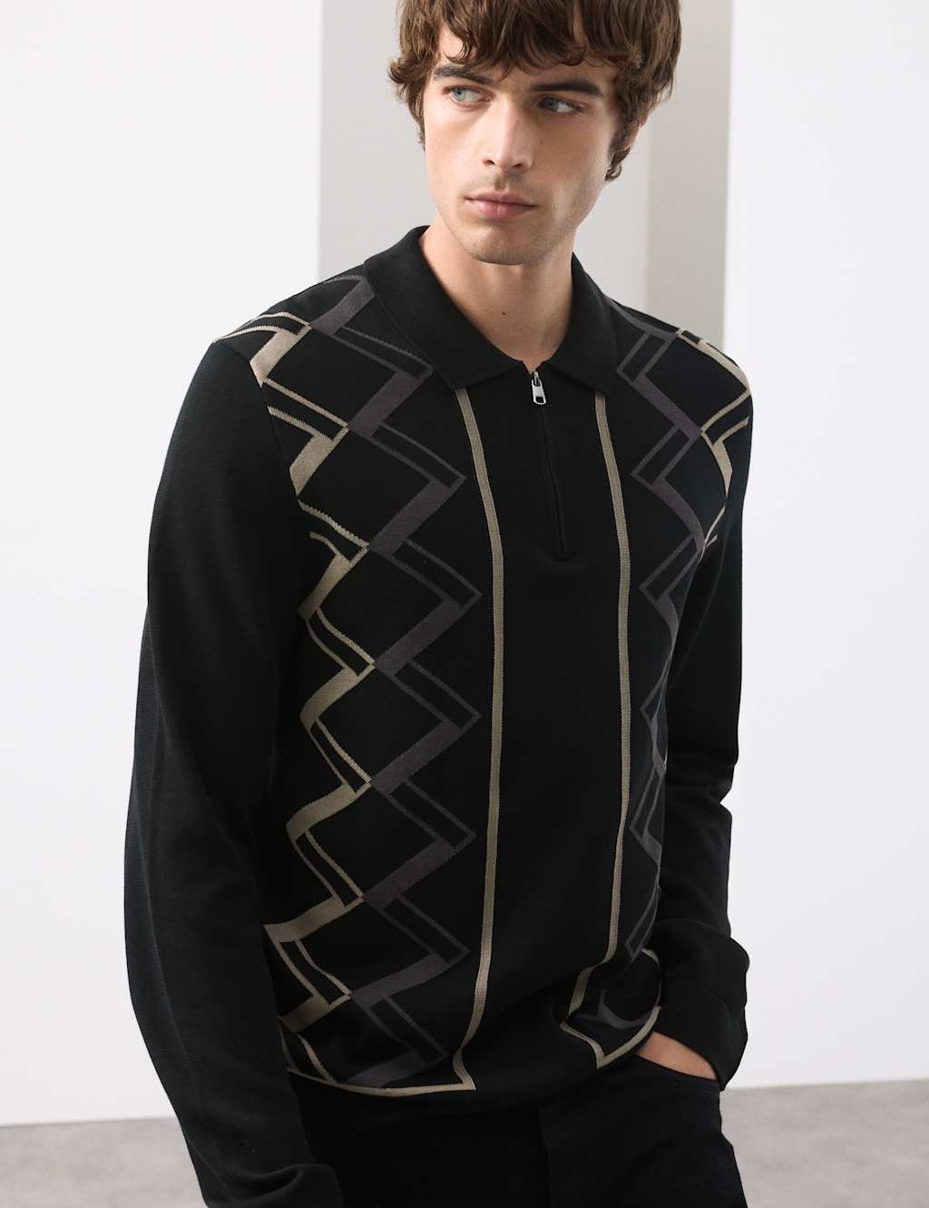 Autograph Mercerised Pure Cotton Half zip Knitted Polo Shirt Black Mix