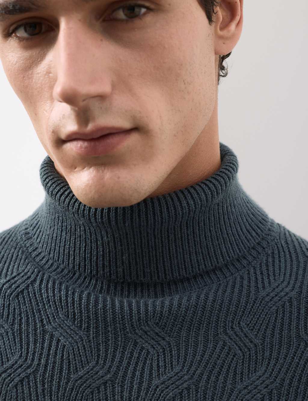 Autograph Pure Wool Wave Stitch Roll Neck Jumper Dark Ink