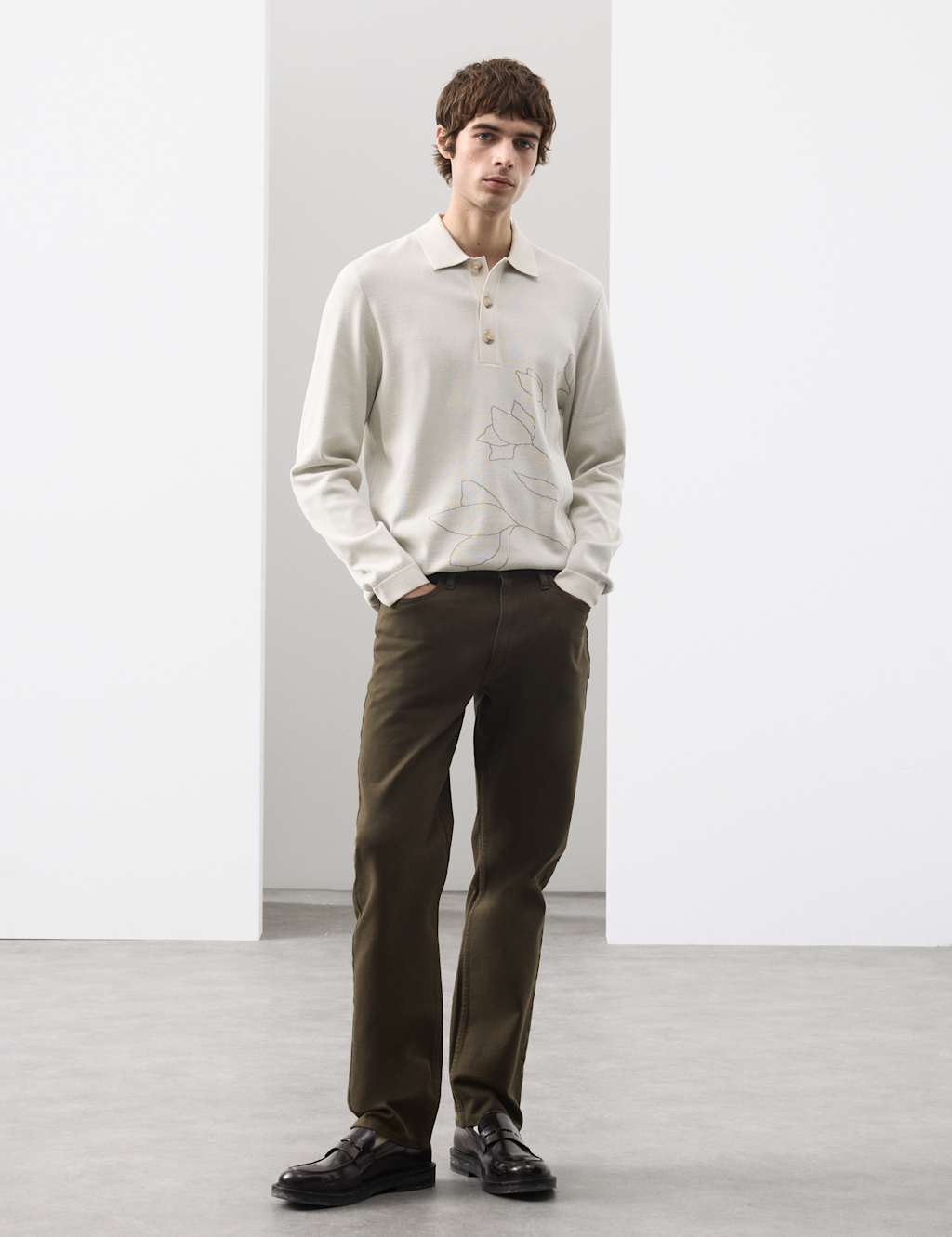 Autograph Men's Floral Knitted Polo Shirt - L - Light Natural