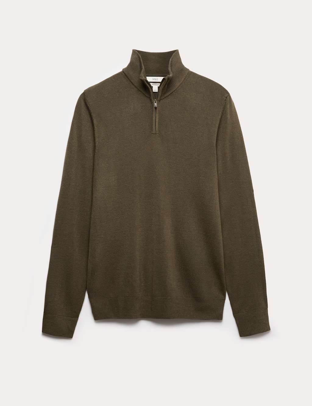 M&S Cashmilon High Neck Half Zip Jumper Dark Khaki