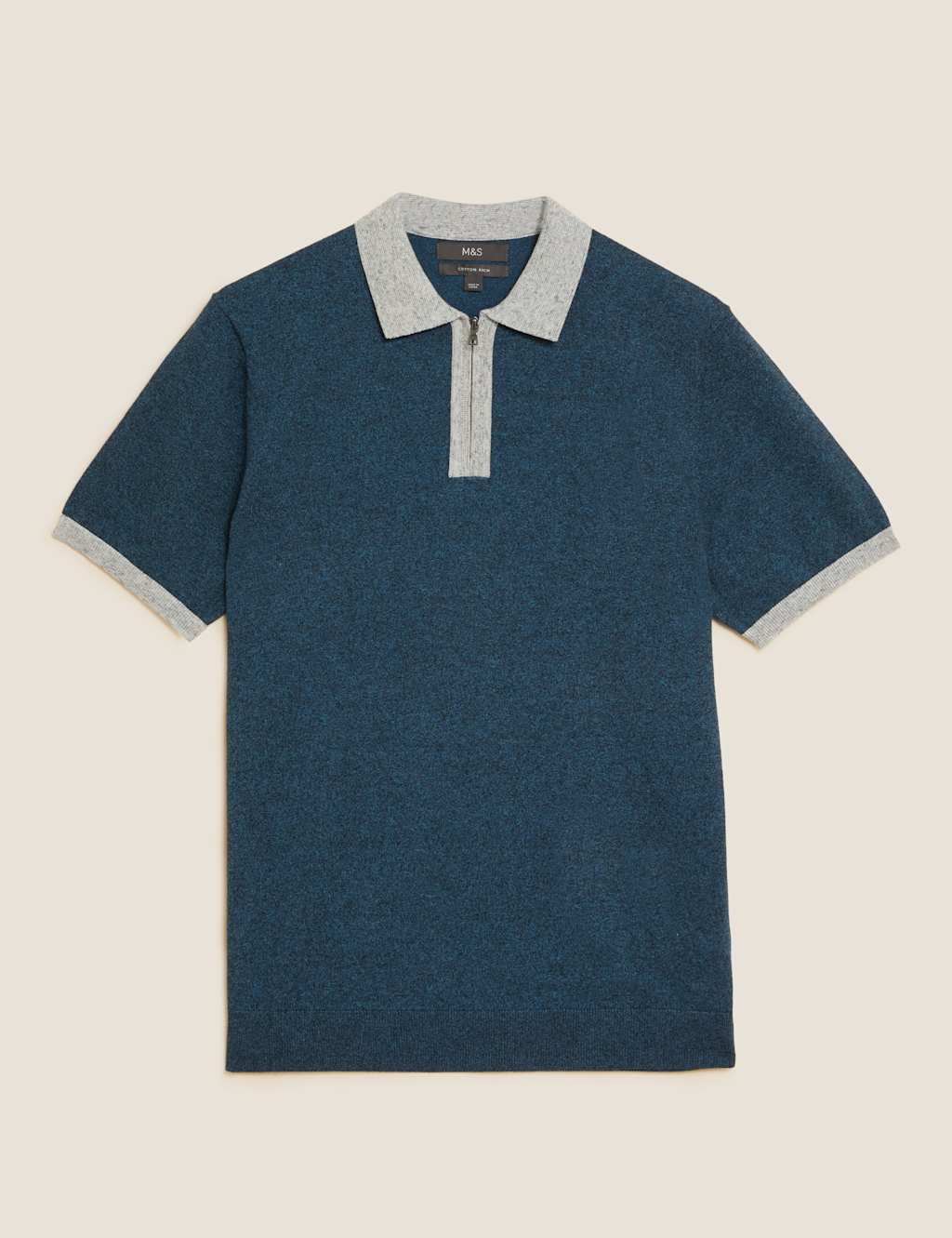 M&S Cotton Rich Zip Neck Knitted Polo Shirt Teal