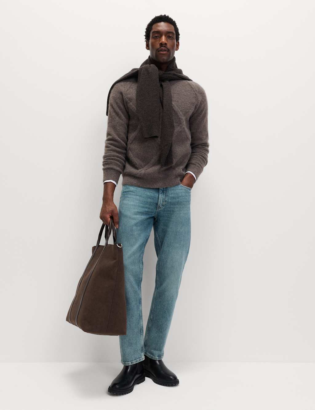 M&S Cable Argyle Hazy Knit Crew Neck Jumper Mole