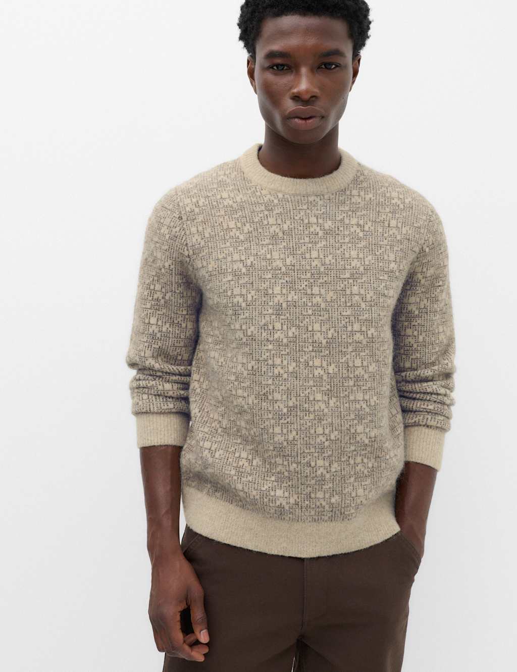 M&S Men's Lofty Patterned Crew Neck Jumper with Wool - 2XL - Neutral