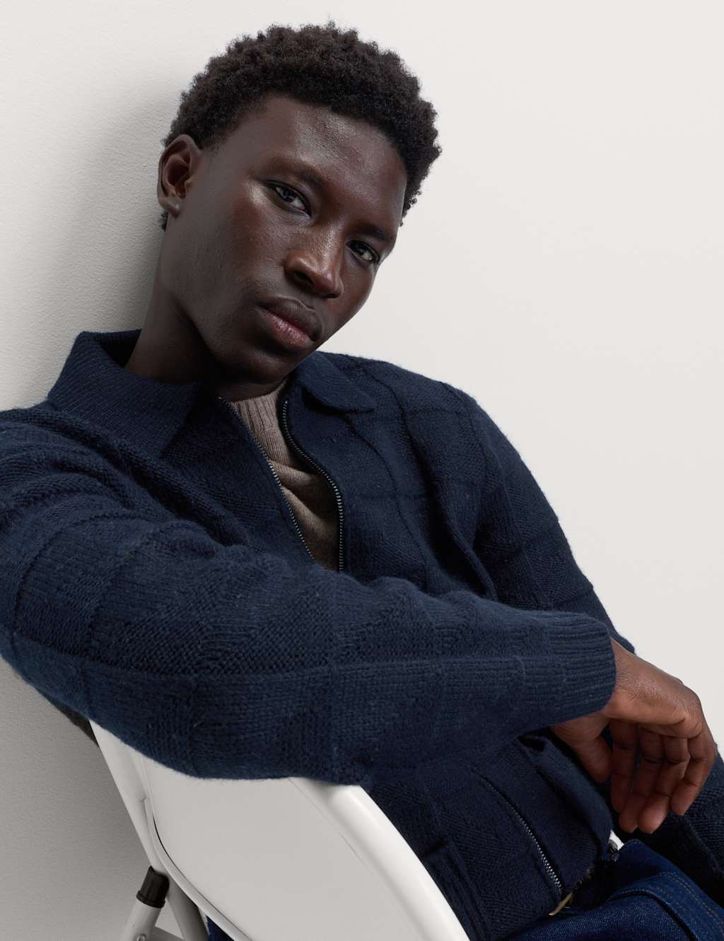 M&S Textured Knitted Zip Up Jacket with Wool Navy