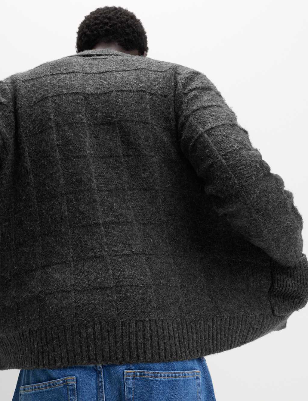 M&S Textured Knitted Zip Up Jacket with Wool Charcoal