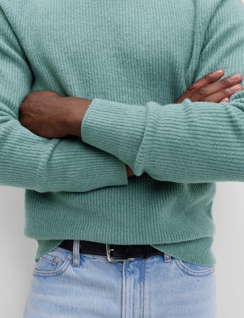 M&S Supersoft Ribbed Crew Neck Jumper with Wool Slate Blue