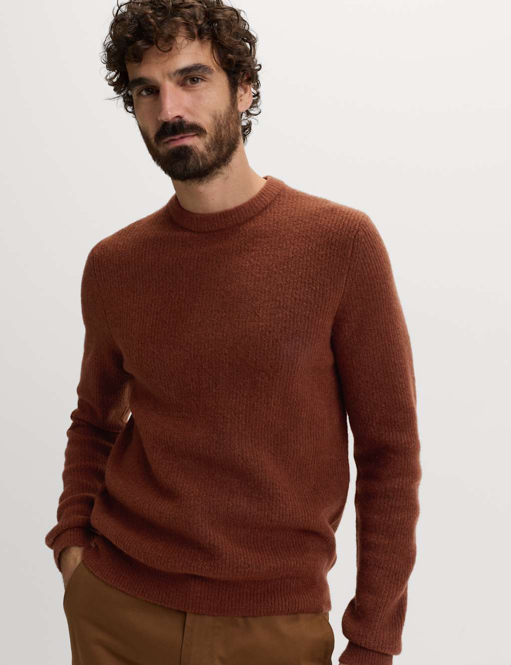 M&S Supersoft Ribbed Crew Neck Jumper with Wool Redwood