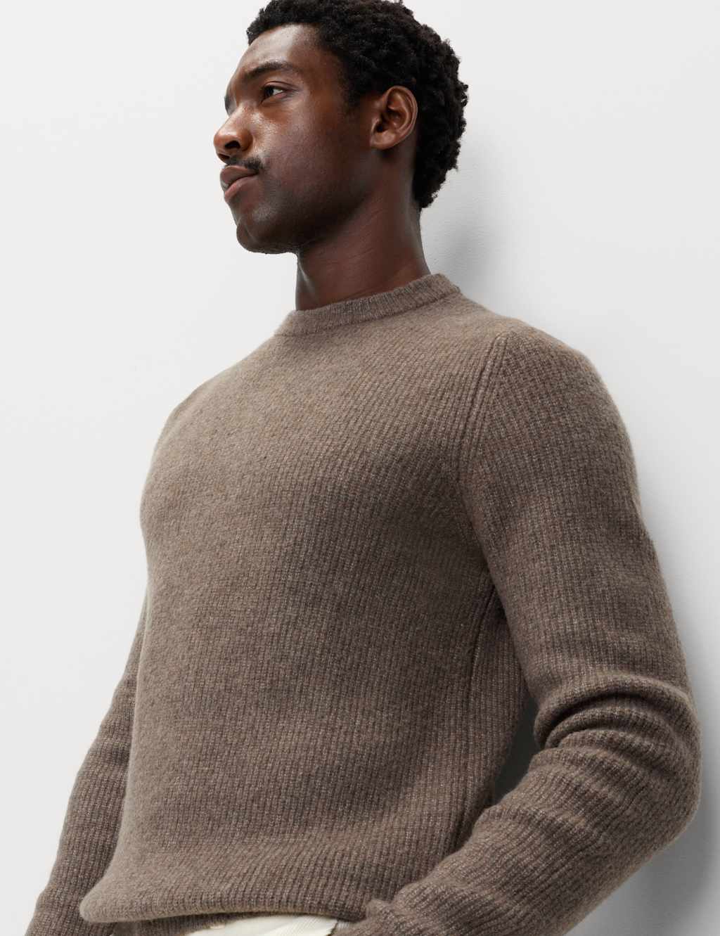 M&S Supersoft Ribbed Crew Neck Jumper with Wool Medium Brown
