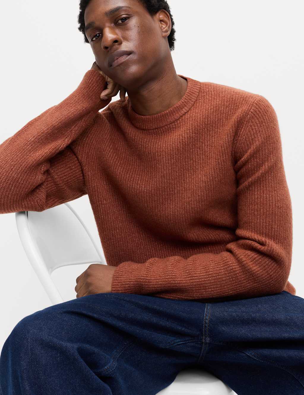M&S Supersoft Ribbed Crew Neck Jumper with Wool Rust