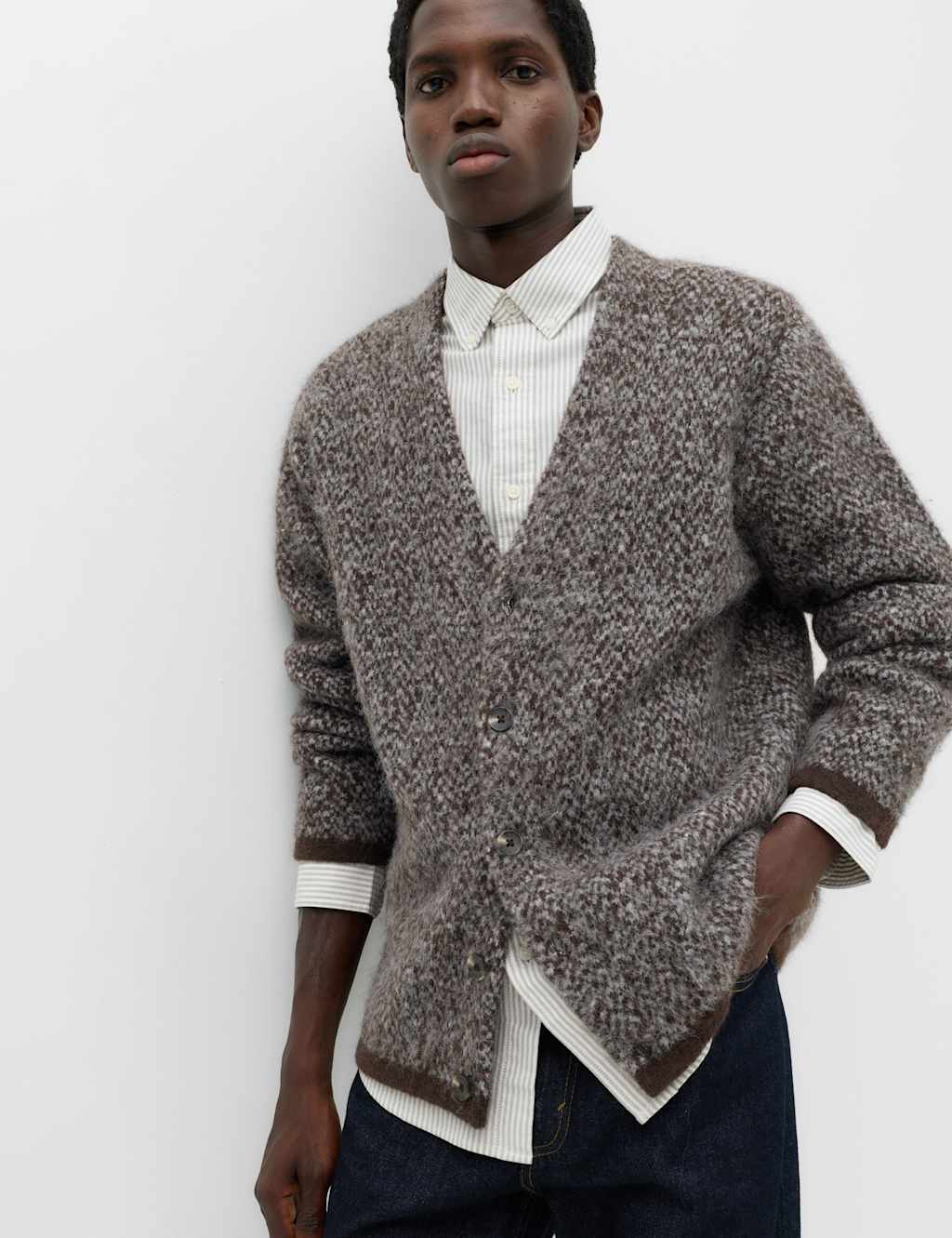 M&S Men's Lofty Relaxed Fit Patterned Cardigan - XL - Chocolate Mix