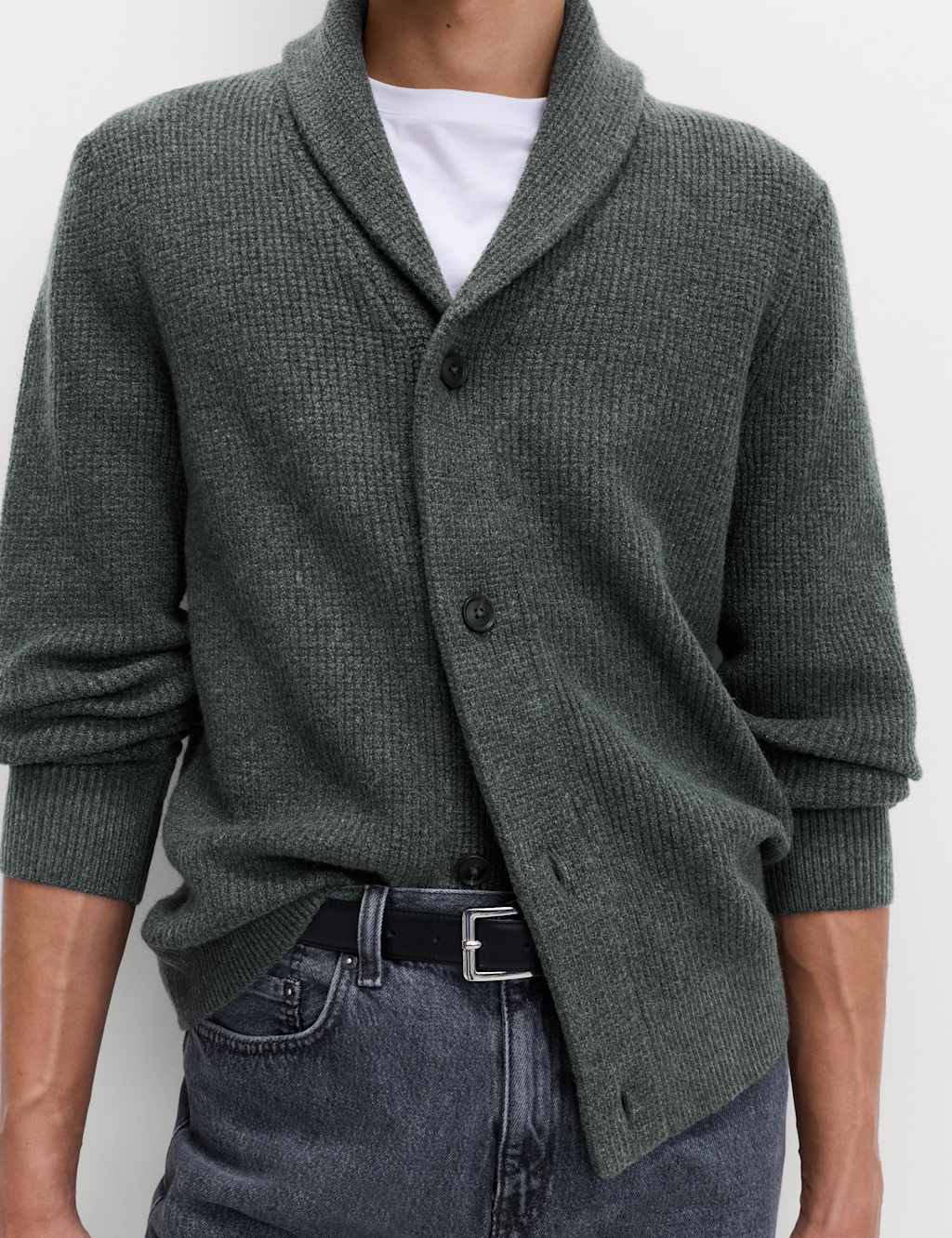 M&S Air-Yarn Waffle Knit Shawl Neck Cardigan Charcoal