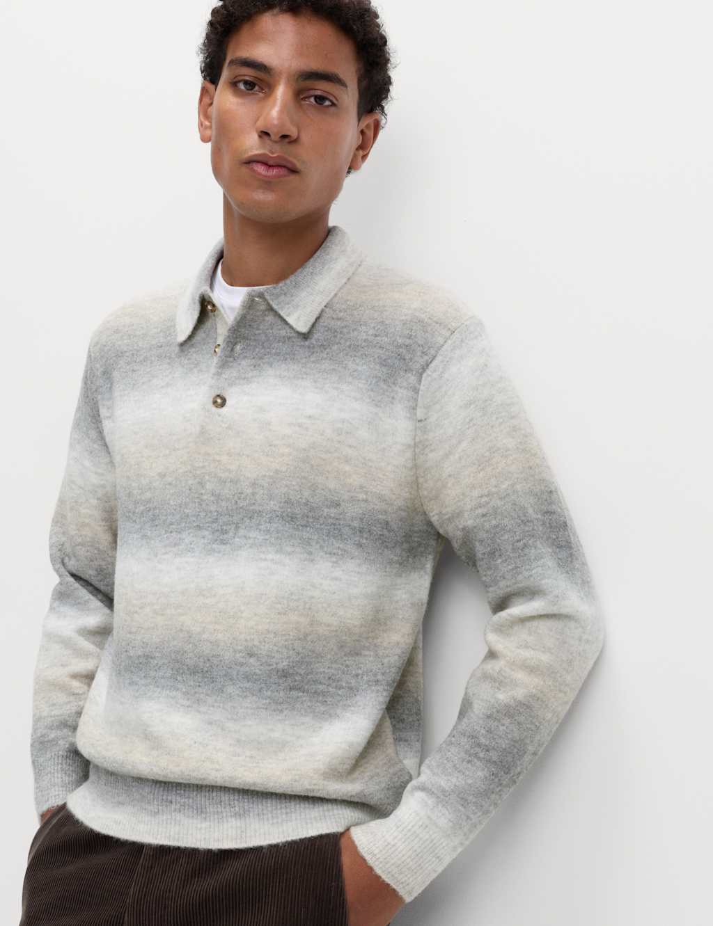 M&S Supersoft Striped Polo Jumper with Wool Grey Mix