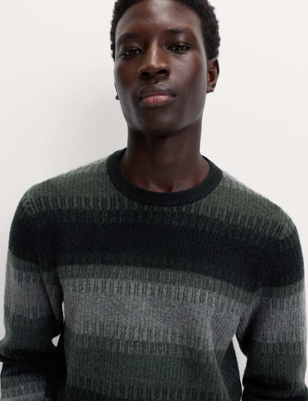 M&S Supersoft Stripe Crew Neck Jumper with Wool Green Mix