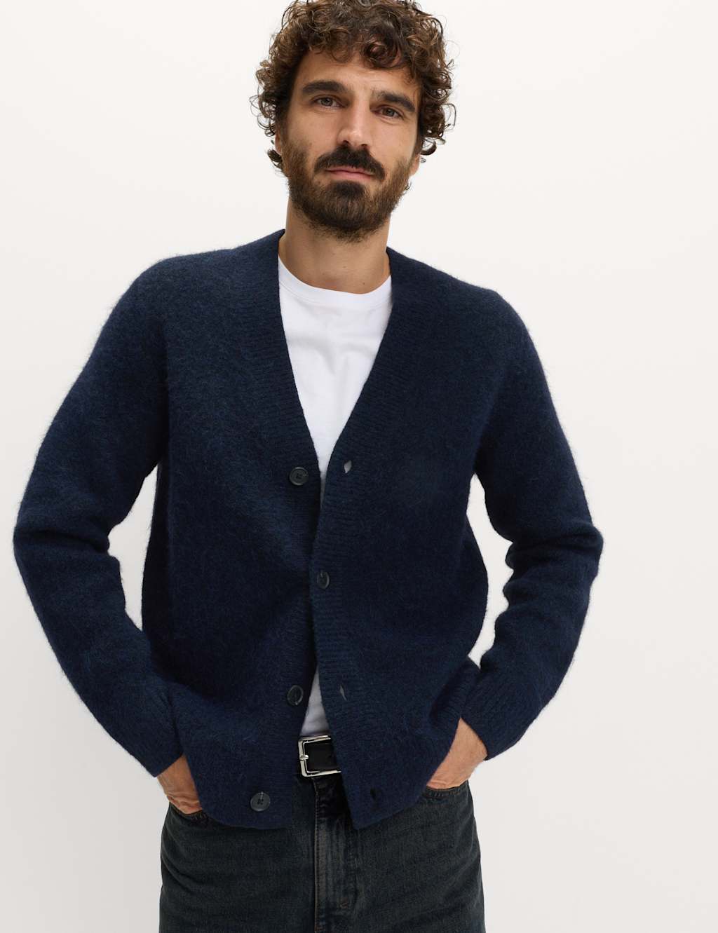 M&S Relaxed Textured V-Neck Cardigan with Wool Dark Navy