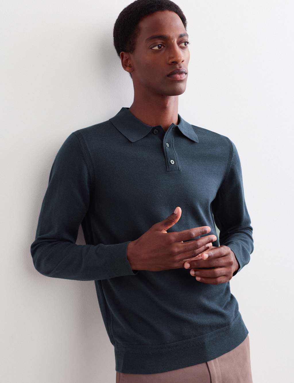 Jaeger Men's Merino Wool with Silk Knitted Polo Shirt - S - Navy - By M&S
