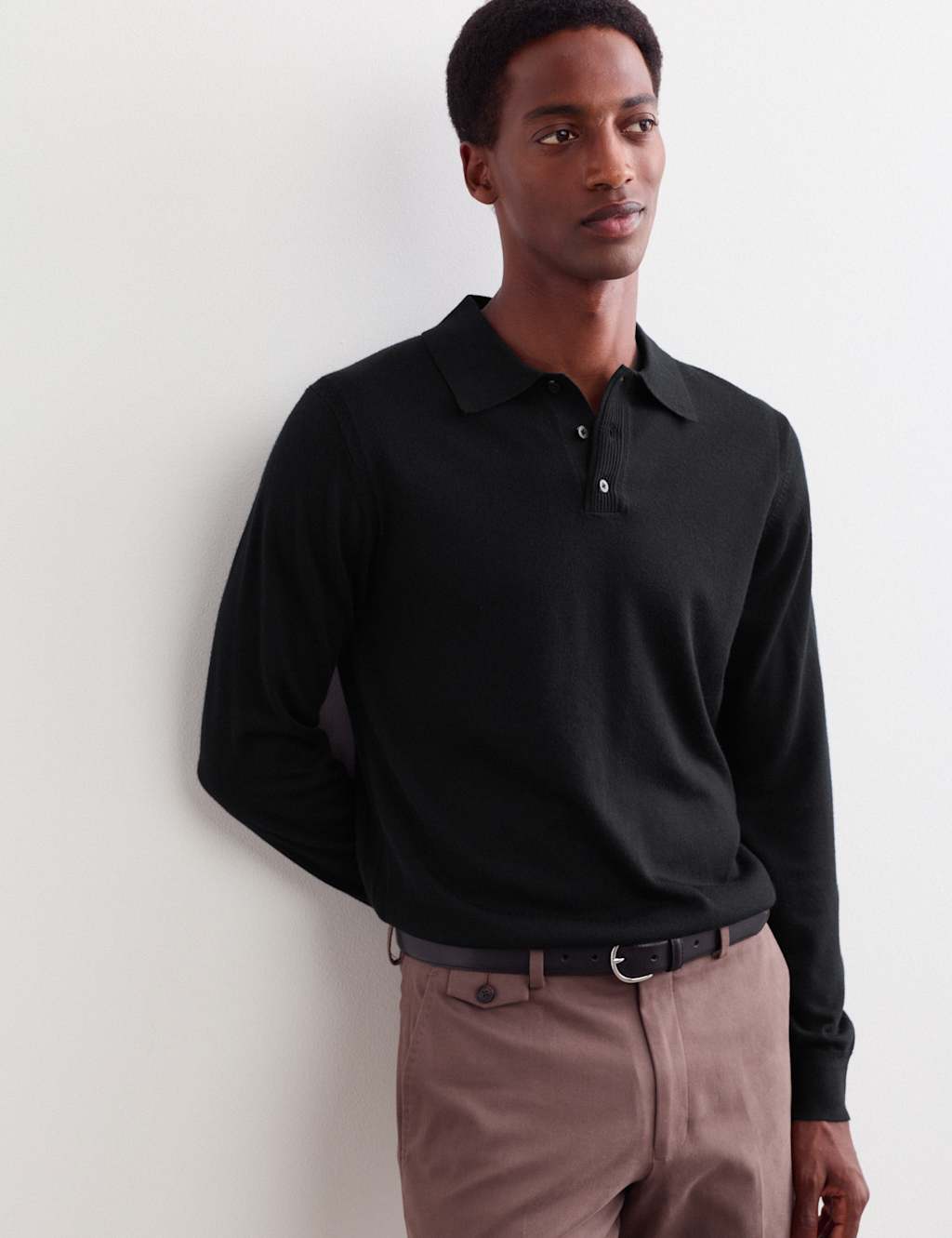Jaeger Men's Merino Wool with Silk Knitted Polo Shirt - S - Black - By M&S