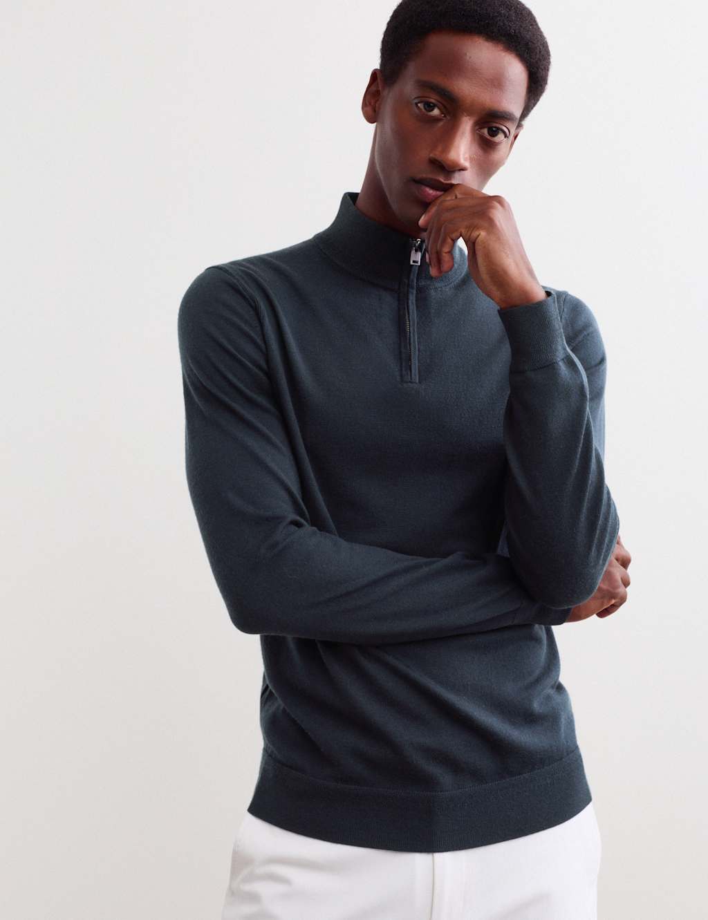 Jaeger Men's Merino Wool with Silk Half Zip Jumper - S - Navy - By M&S