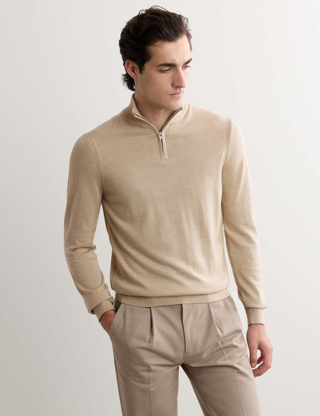 Jaeger Men's Merino Wool with Silk Half Zip Jumper - XL - Beige - By M&S