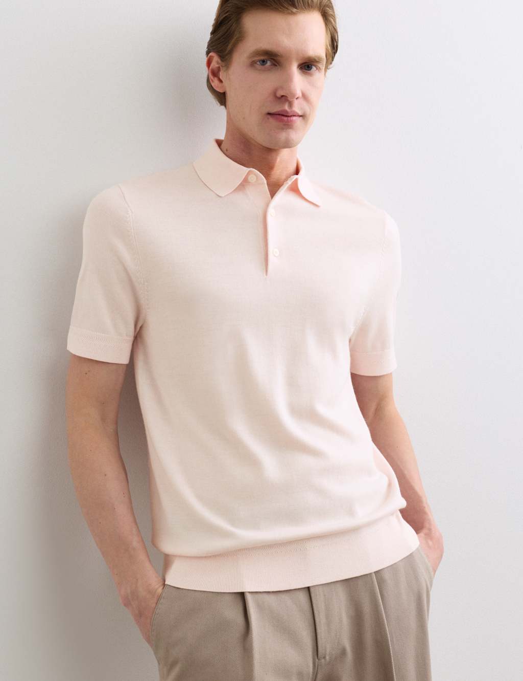 Jaeger Men's Merino Wool with Silk Knitted Polo Shirt - 2XL - Light Pink - By M&S