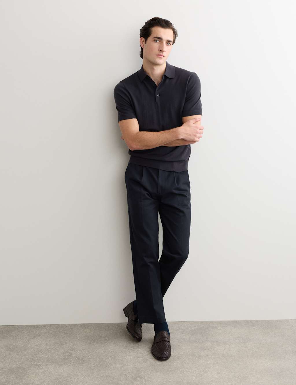 Jaeger Men's Merino Wool with Silk Knitted Polo Shirt - L - Navy - By M&S