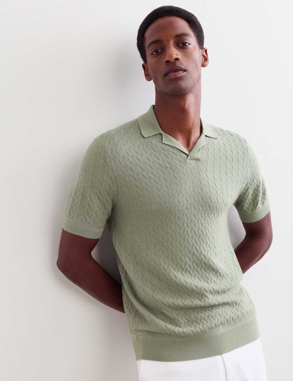 Jaeger Men's Merino Wool with Silk Knitted Polo Shirt - S - Sage - By M&S