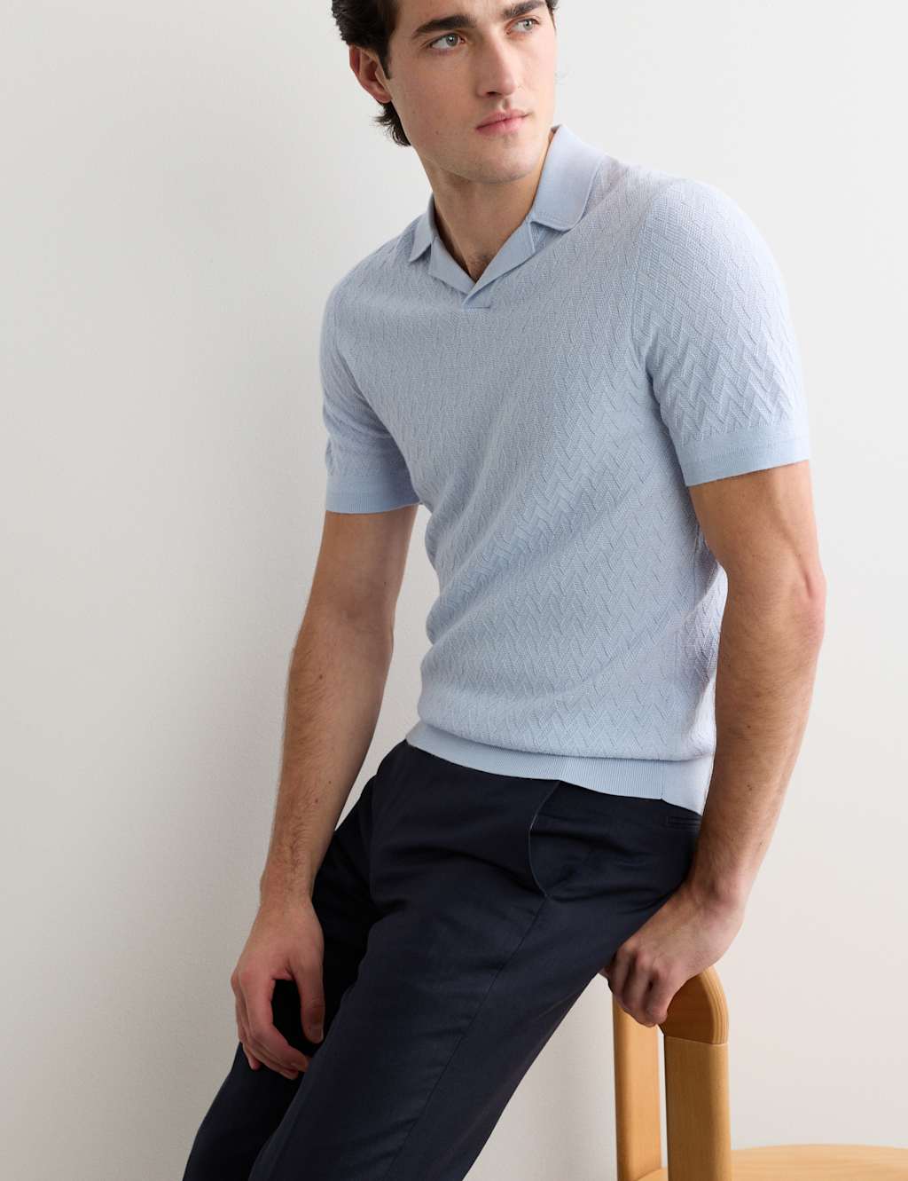 Jaeger Men's Merino Wool with Silk Knitted Polo Shirt - 2XL - Light Blue - By M&S