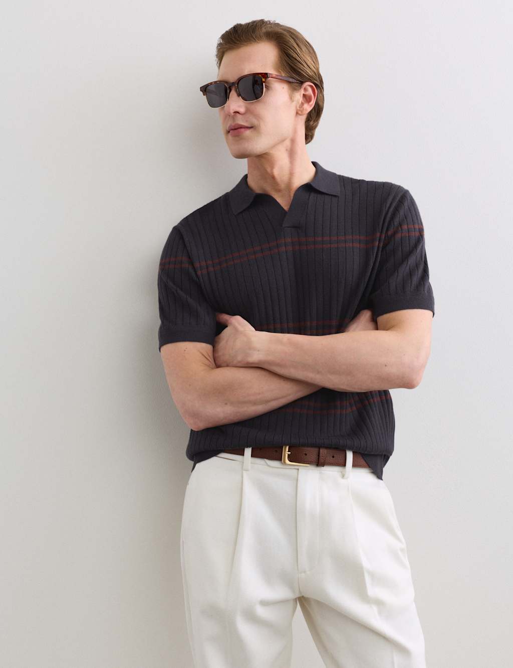 Jaeger Men's Merino Wool Rich Knitted Polo Shirt with Silk - 2XL - Navy Mix - By M&S
