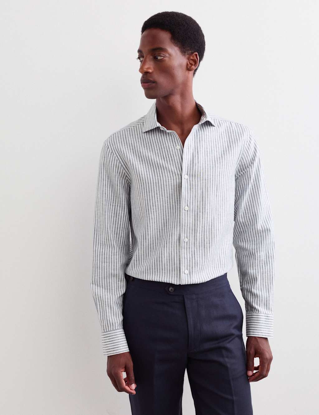 Jaeger Men's Regular Fit Luxury Linen Cotton Striped Shirt - XL - Navy Mix - By M&S