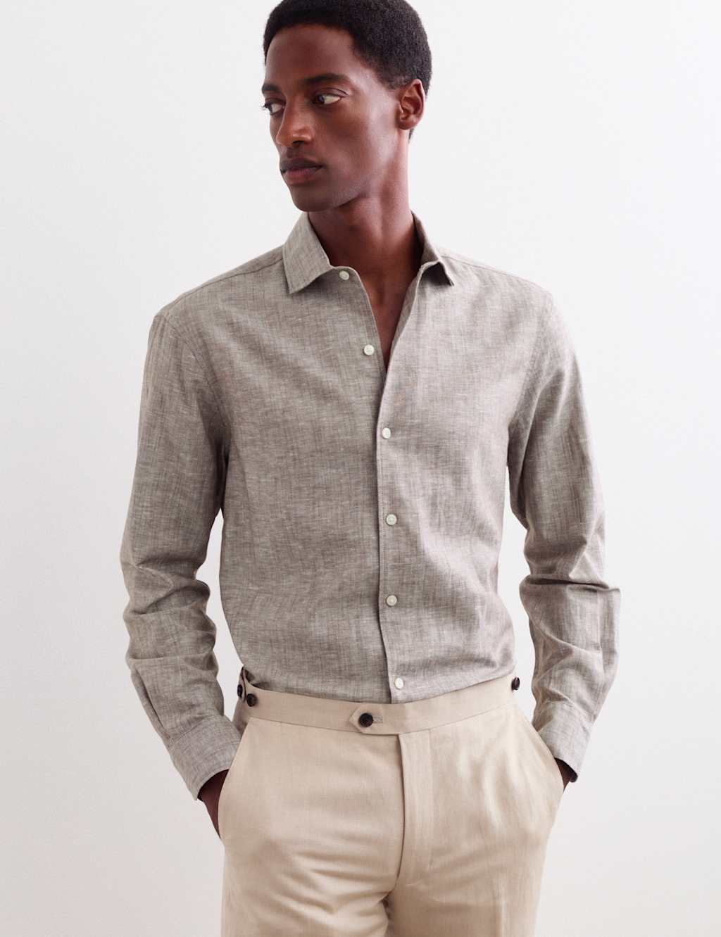 Jaeger Men's Regular Fit Luxury Linen Cotton Shirt - L - Light Brown - By M&S
