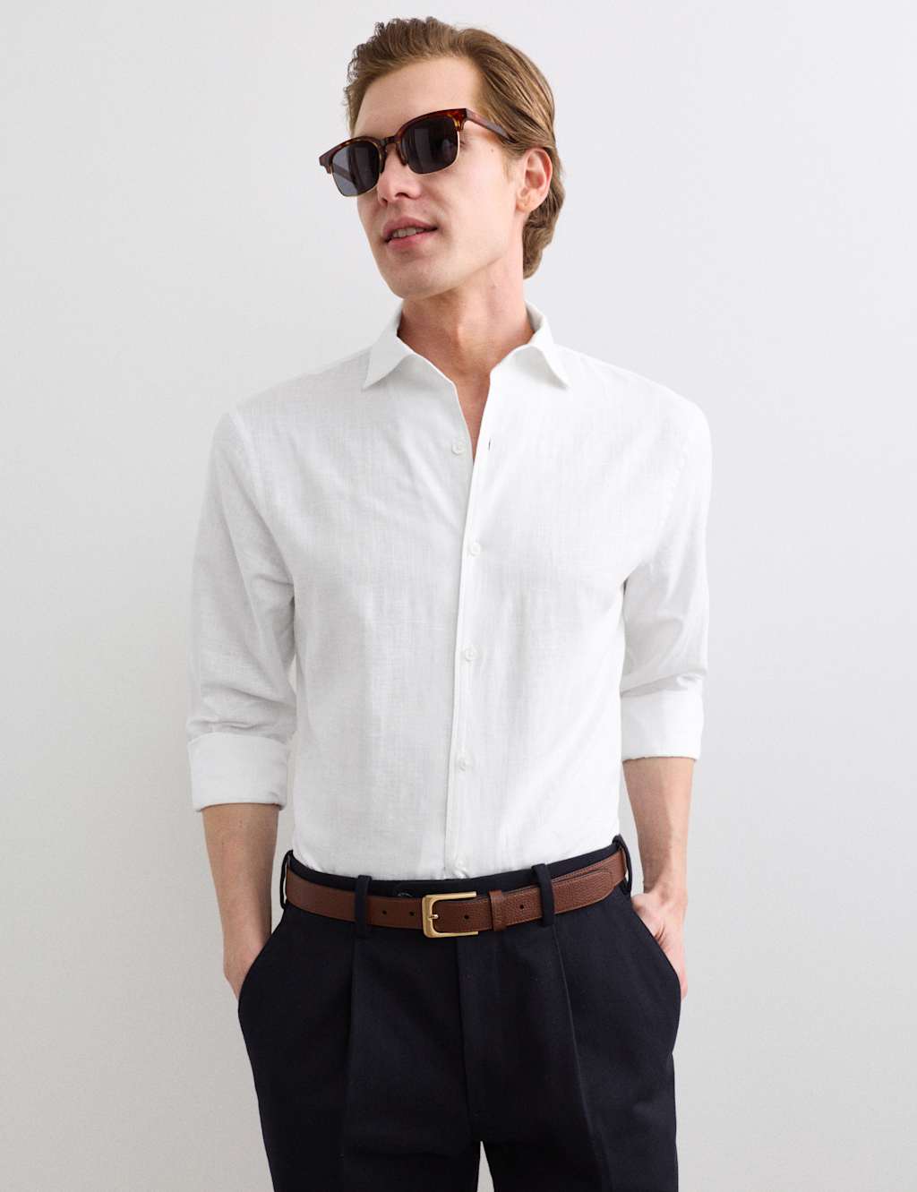 Jaeger Men's Regular Fit Luxury Linen Cotton Shirt - 3XL - White - By M&S
