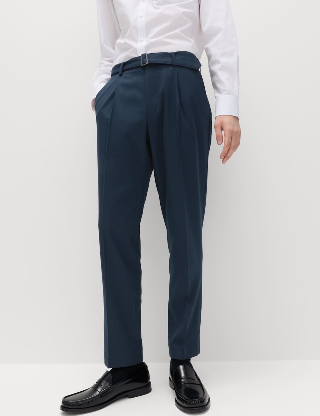 M&S Men's Tapered Fit Self Belt Twill Trousers - 38 - Navy