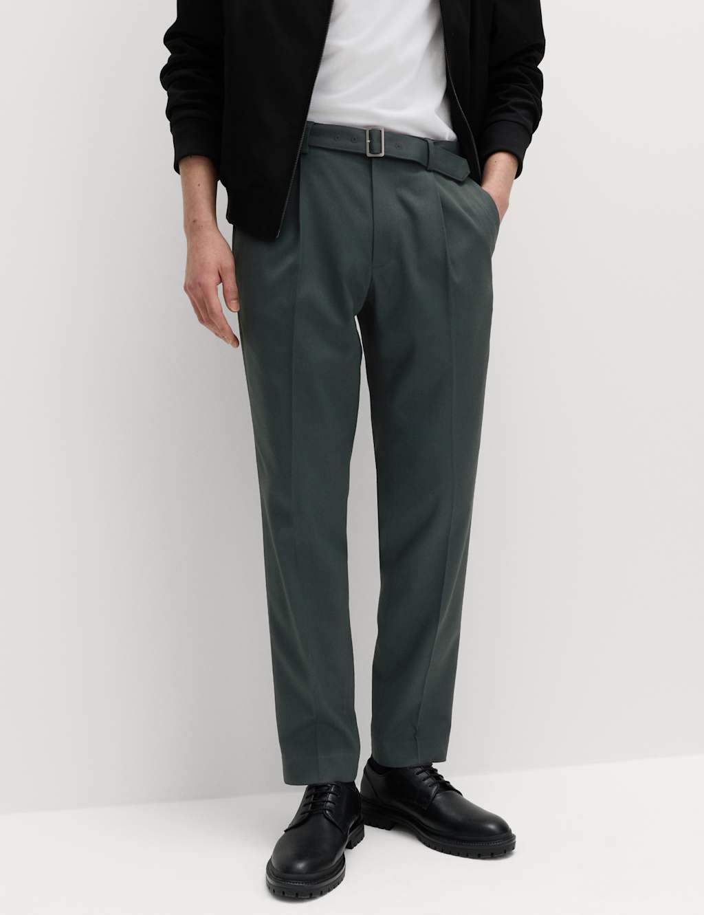 M&S Men's Tapered Fit Self Belt Twill Trousers - 38 - Cedar