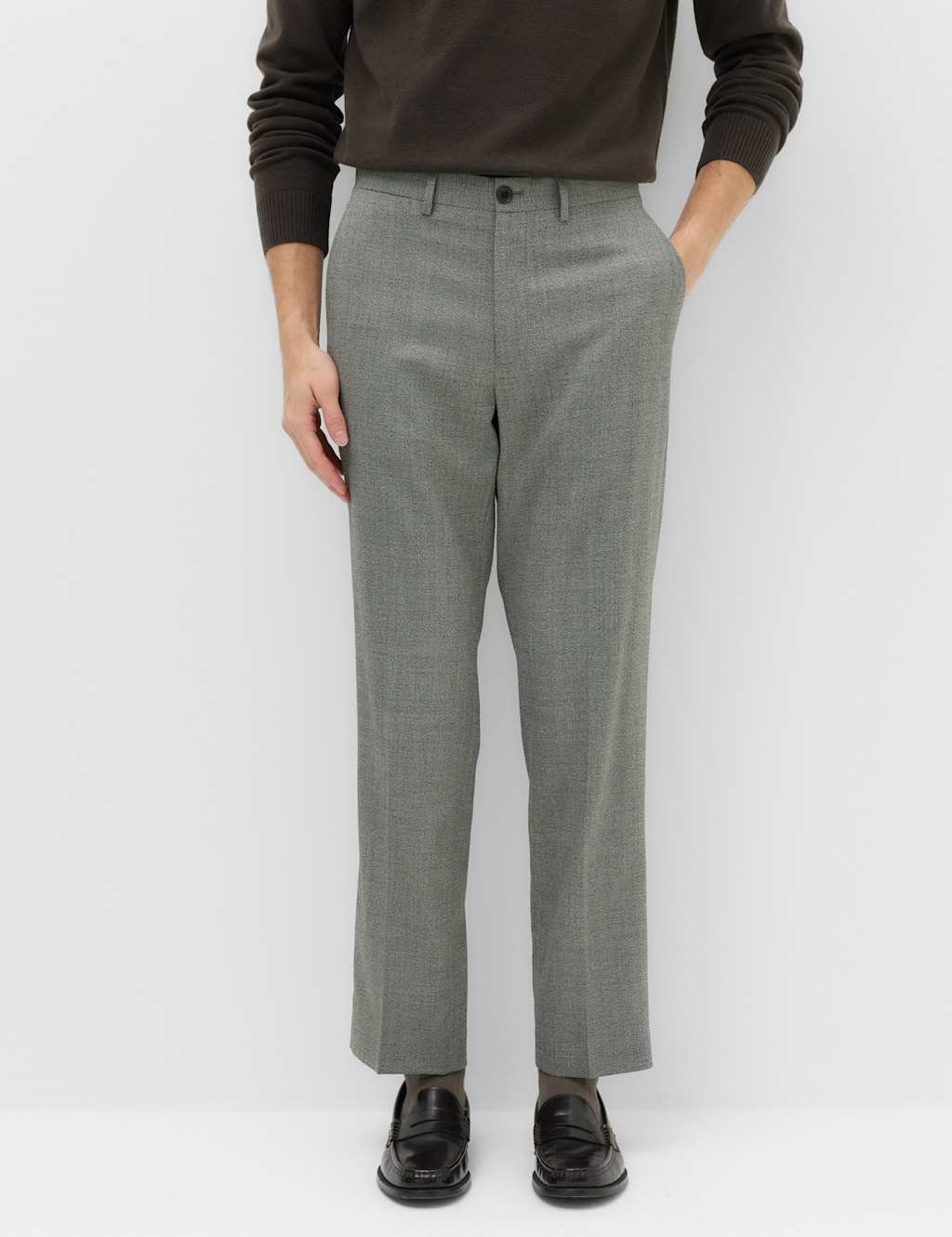 M&S Men's Regular Fit Wool Blend Trousers - 34 - Charcoal Mix