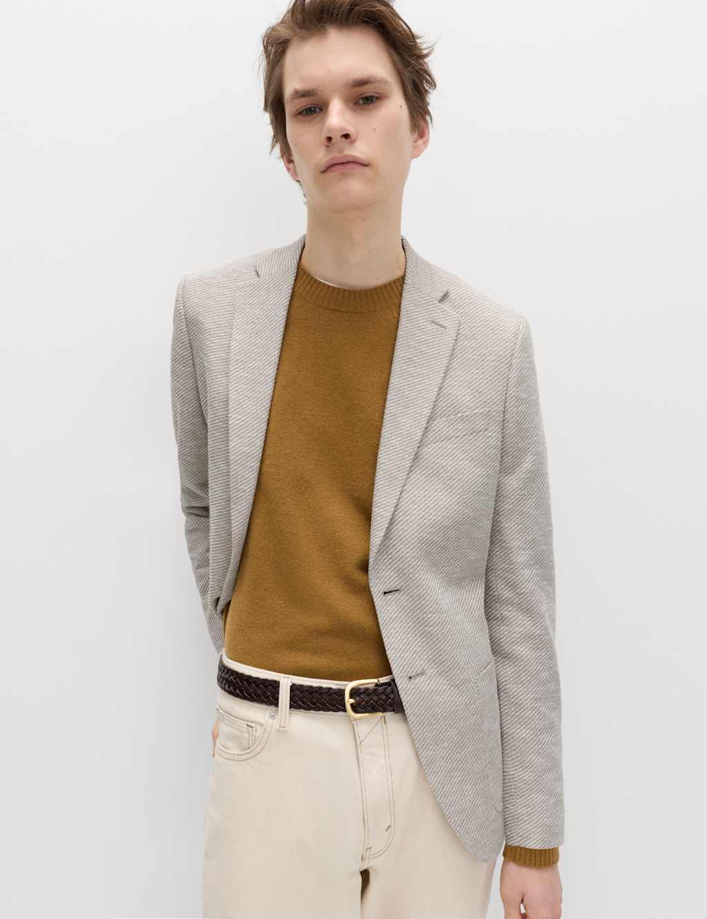 M&S Men's Tailored Fit Cotton Blend Textured Stretch Blazer - 46 - Neutral