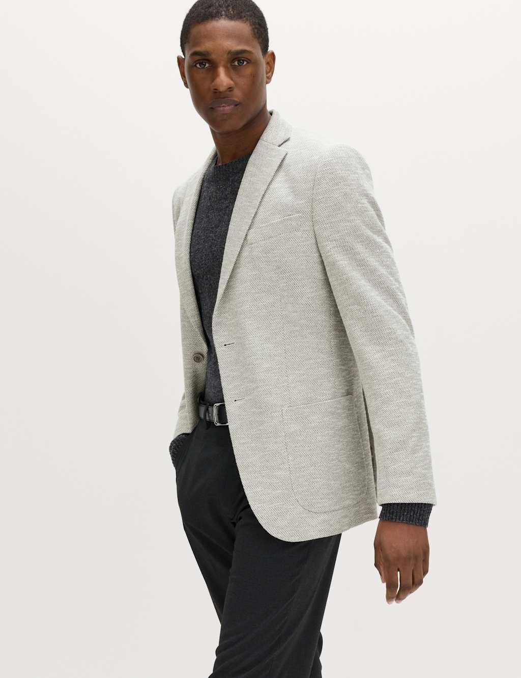M&S Men's Tailored Fit Textured Stretch Blazer - 48 - Light Grey Mix