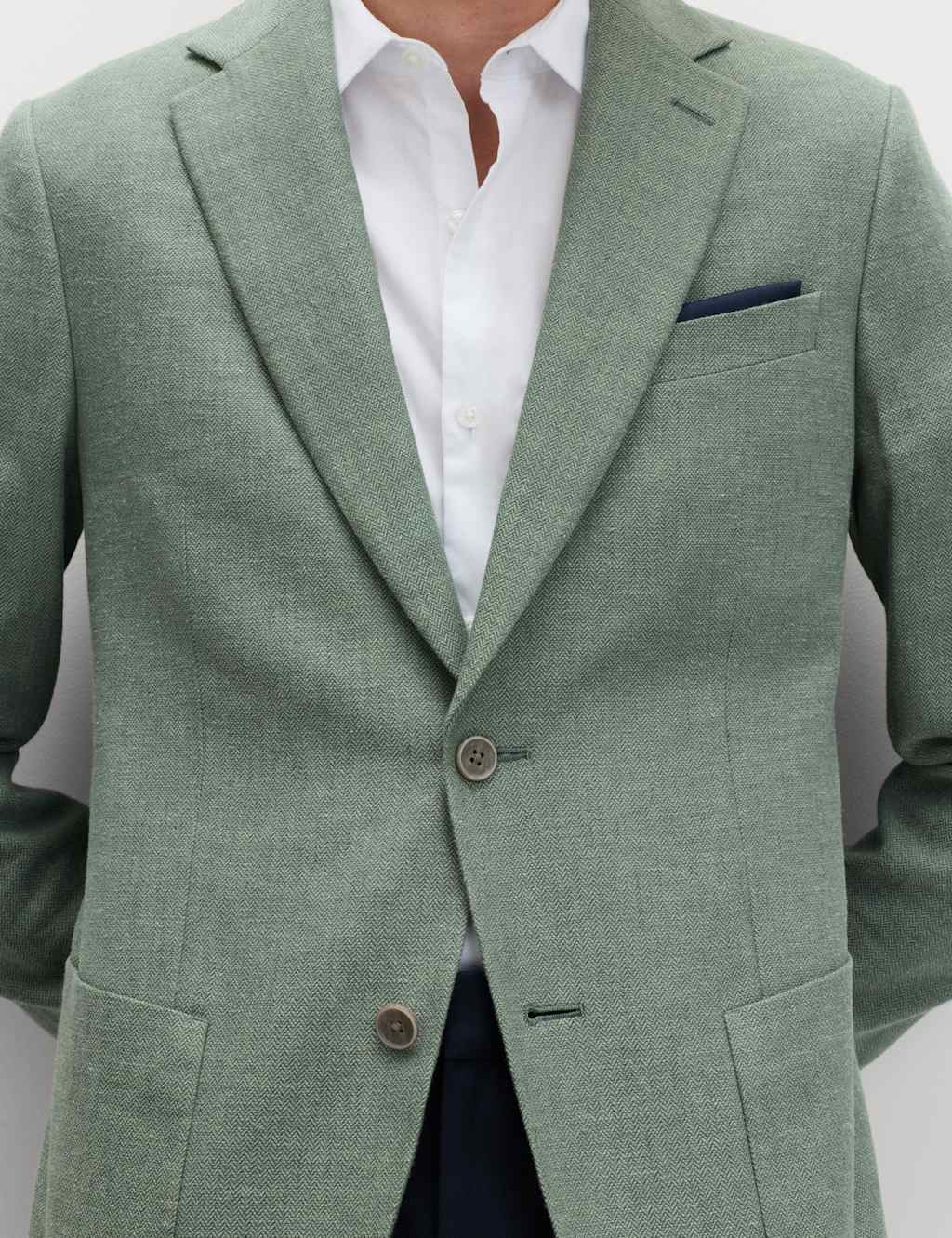 M&S Men's Tailored Fit Linen Cotton Blend Herringbone Blazer - 44 - Green
