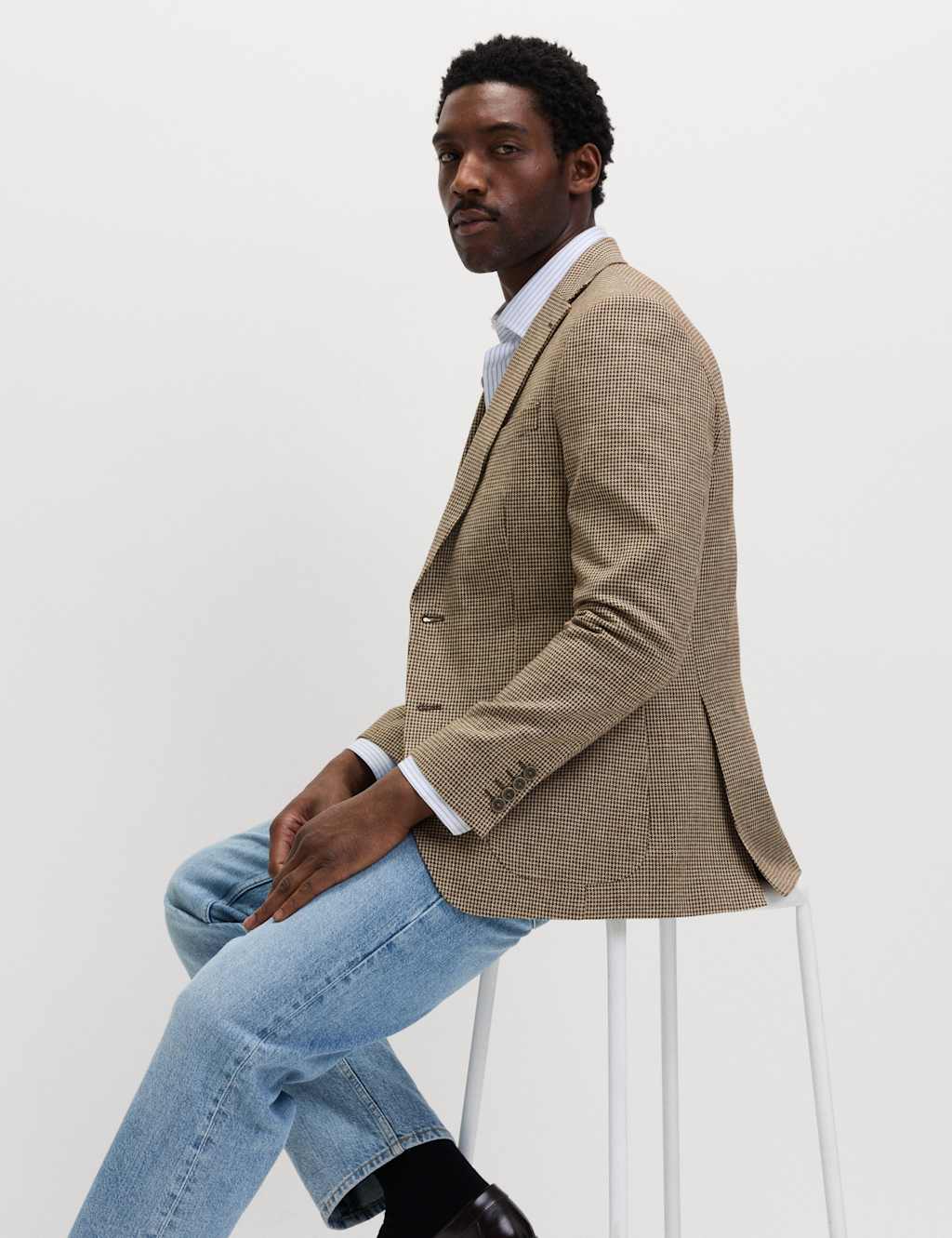 M&S Men's Tailored Fit Cotton Linen Houndstooth Blazer - 48 - Neutral