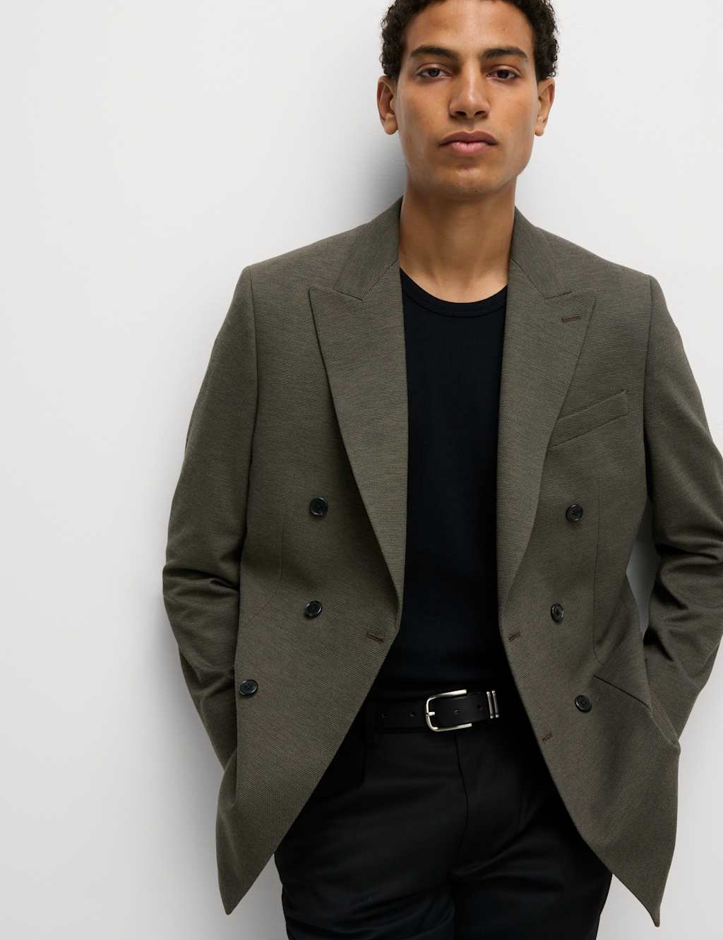 M&S Men's Tailored Fit Jersey Double Breasted Blazer - 42 - Khaki