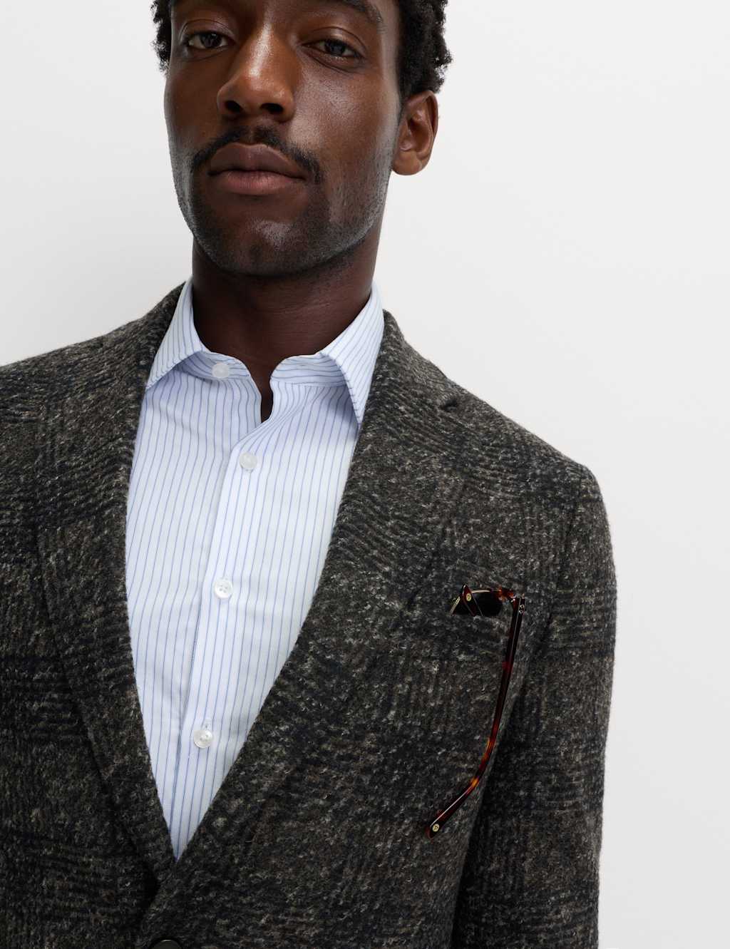 M&S Men's Tailored Fit Wool Blend Check Blazer - 36 - Navy Mix