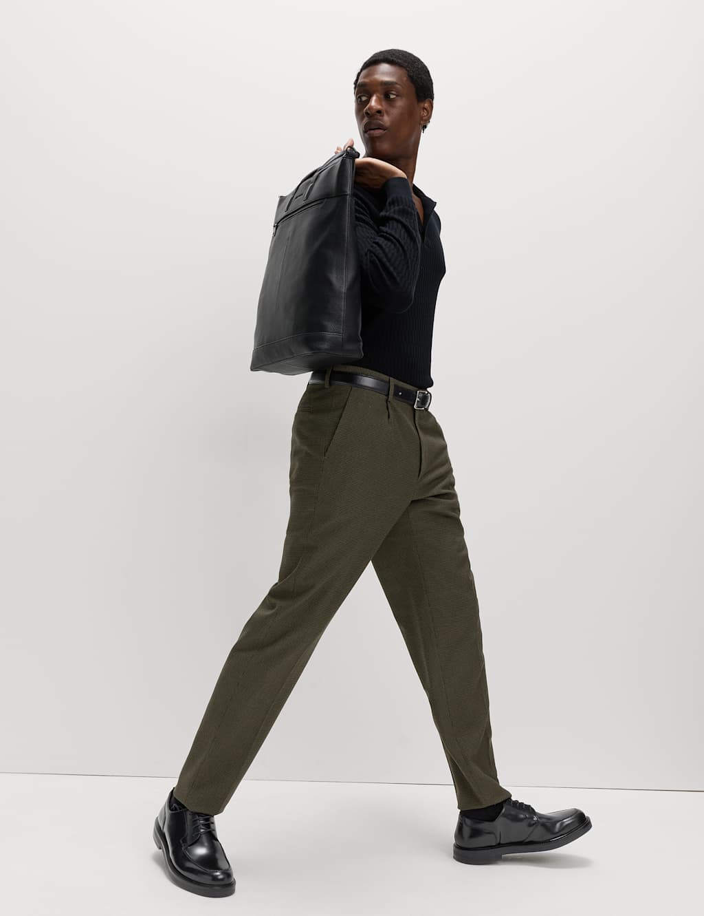 M&S Tailored Fit Warm Handle Puppytooth Trousers Khaki