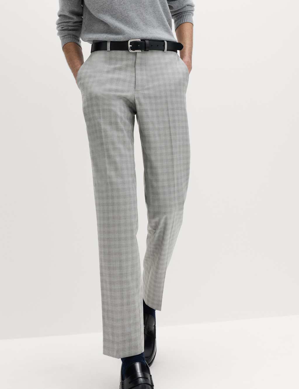 M&S Men's Tailored Fit Checked Trousers - 44 - Silver Grey