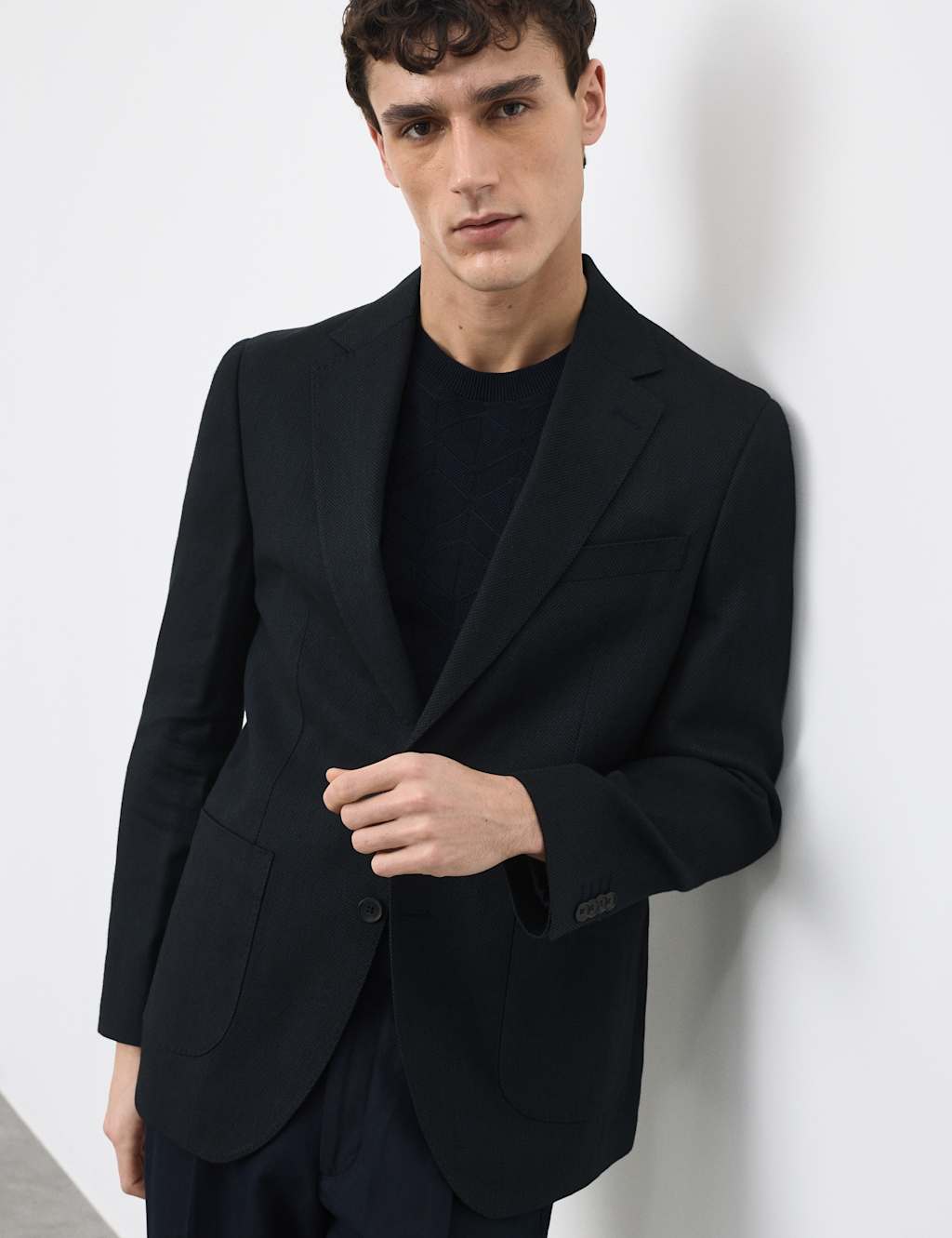 Autograph Men's Linen Blend Textured Blazer - 48 - Dark Navy