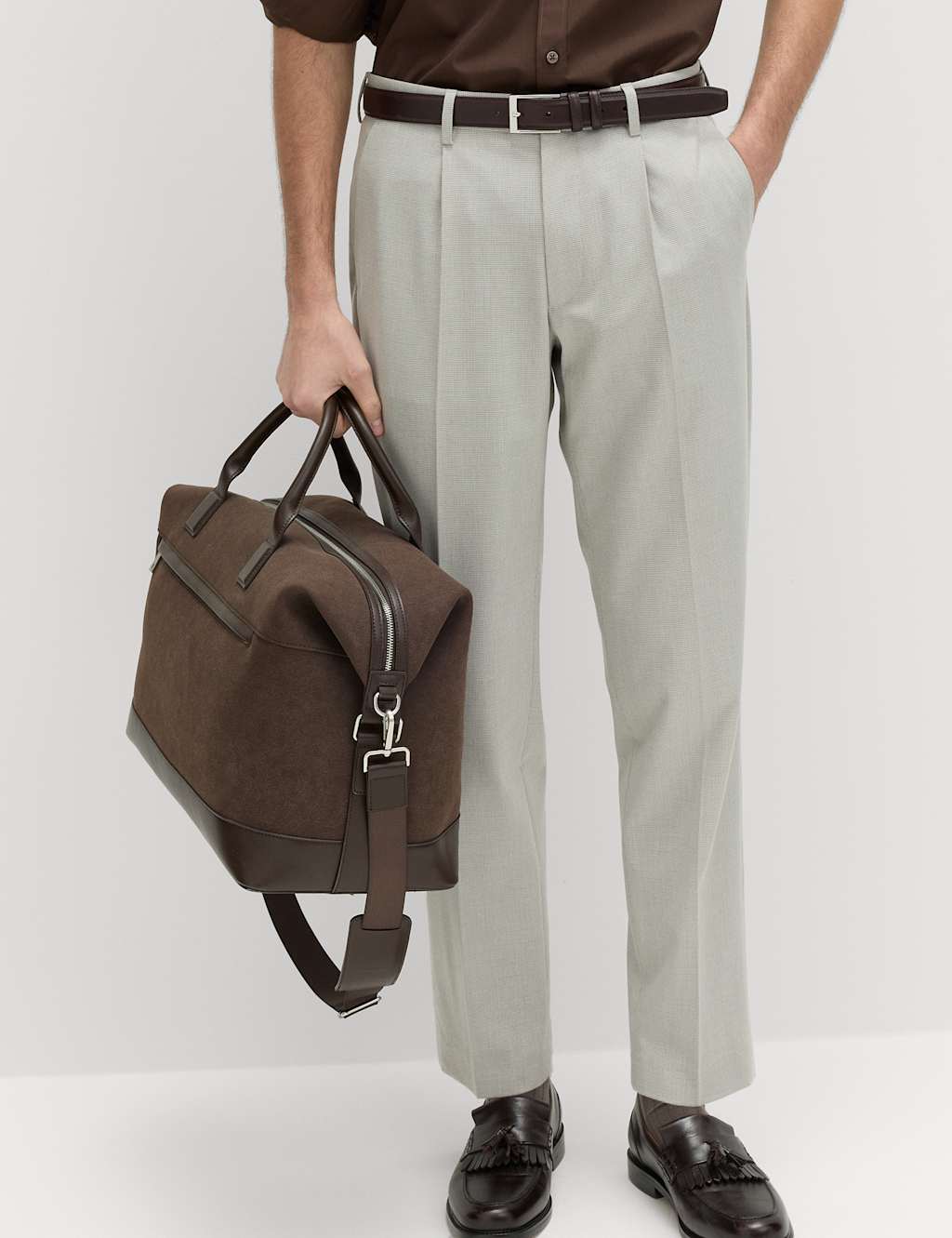 M&S Men's Tailored Fit Flat Front Puppytooth Trousers - 30 - Grey